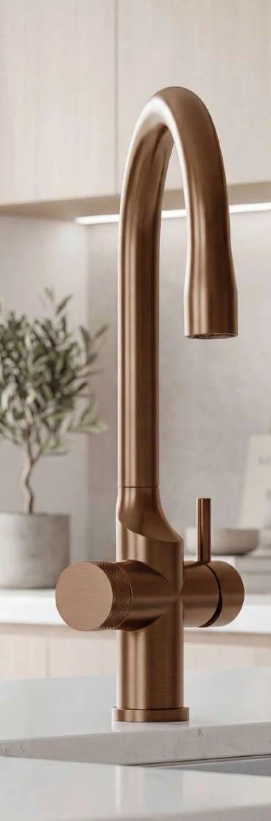 The WaveHome tap in bronze, a warm copper-coloured tone.
