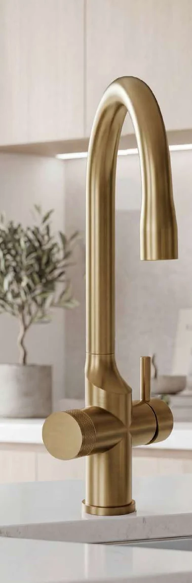 The WaveHome tap in gold, a matt, muted gold.