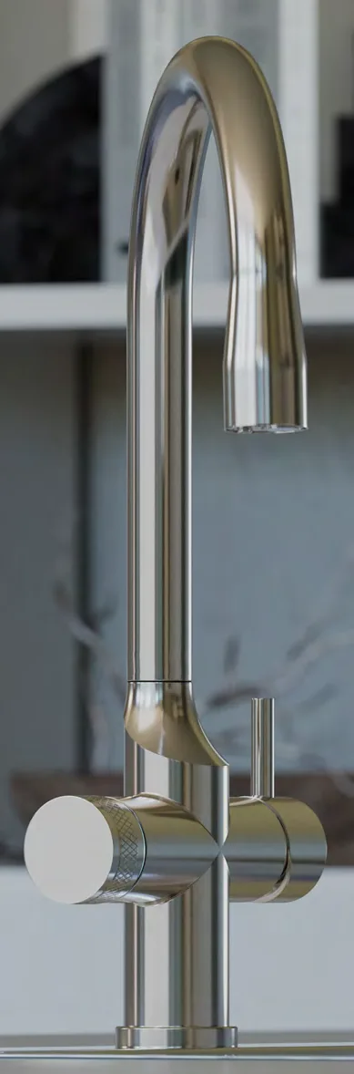 The WaveHome tap in polished stainless steel, mirror-bright.
