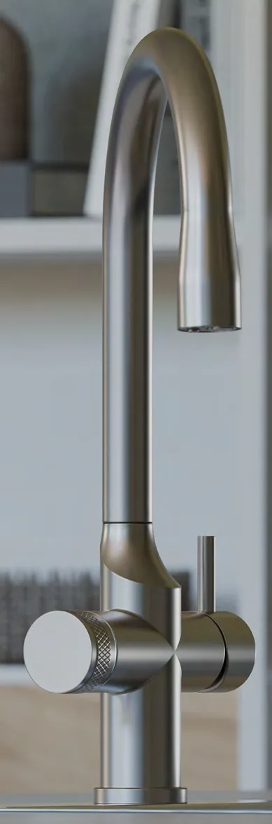 The WaveHome tap in brushed stainless steel, matt.