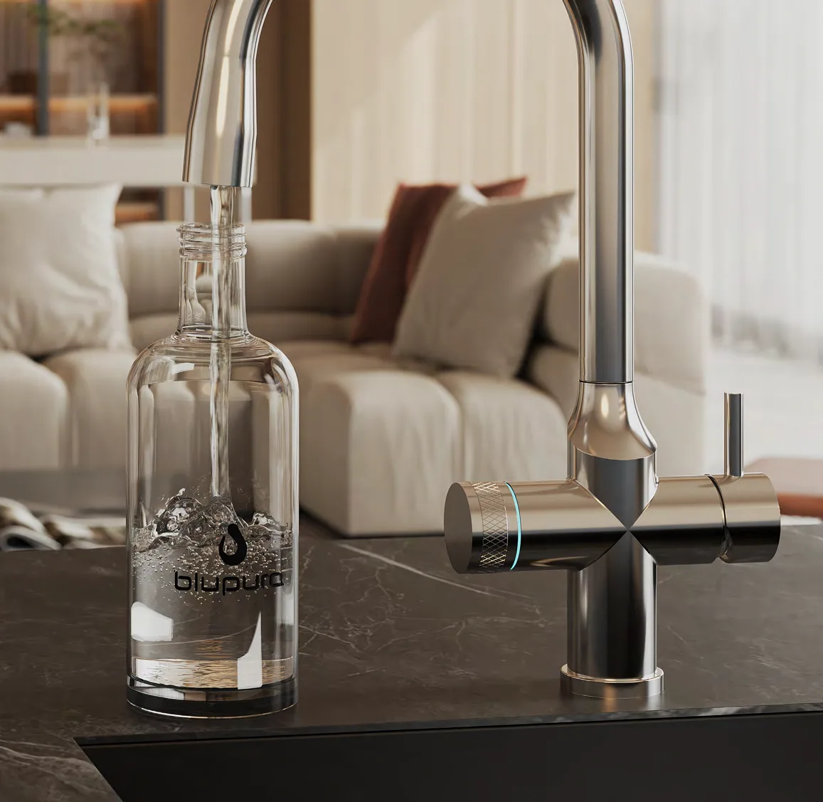 A glass bottle is filled automatically at the WaveHome, the light ring on the dial is blue.